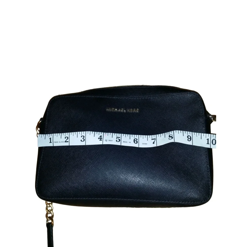 Michael Kors Jet Set Black Saffiano Leather Crossbody Bag Gold Chain Strap Purse